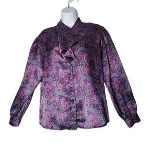 Notations Petite 10 Paisley Satin Blouse Ruffle Collar Long Sleeve Vintage Style